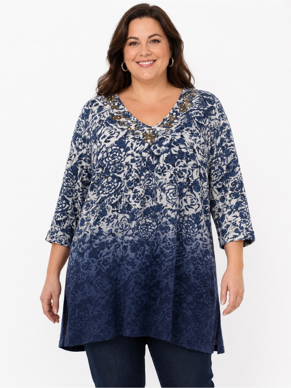 Ulla Popken 20/22 Blue Floral Ombre Embellished Cotton Tunic Top 3/4 Sleeve